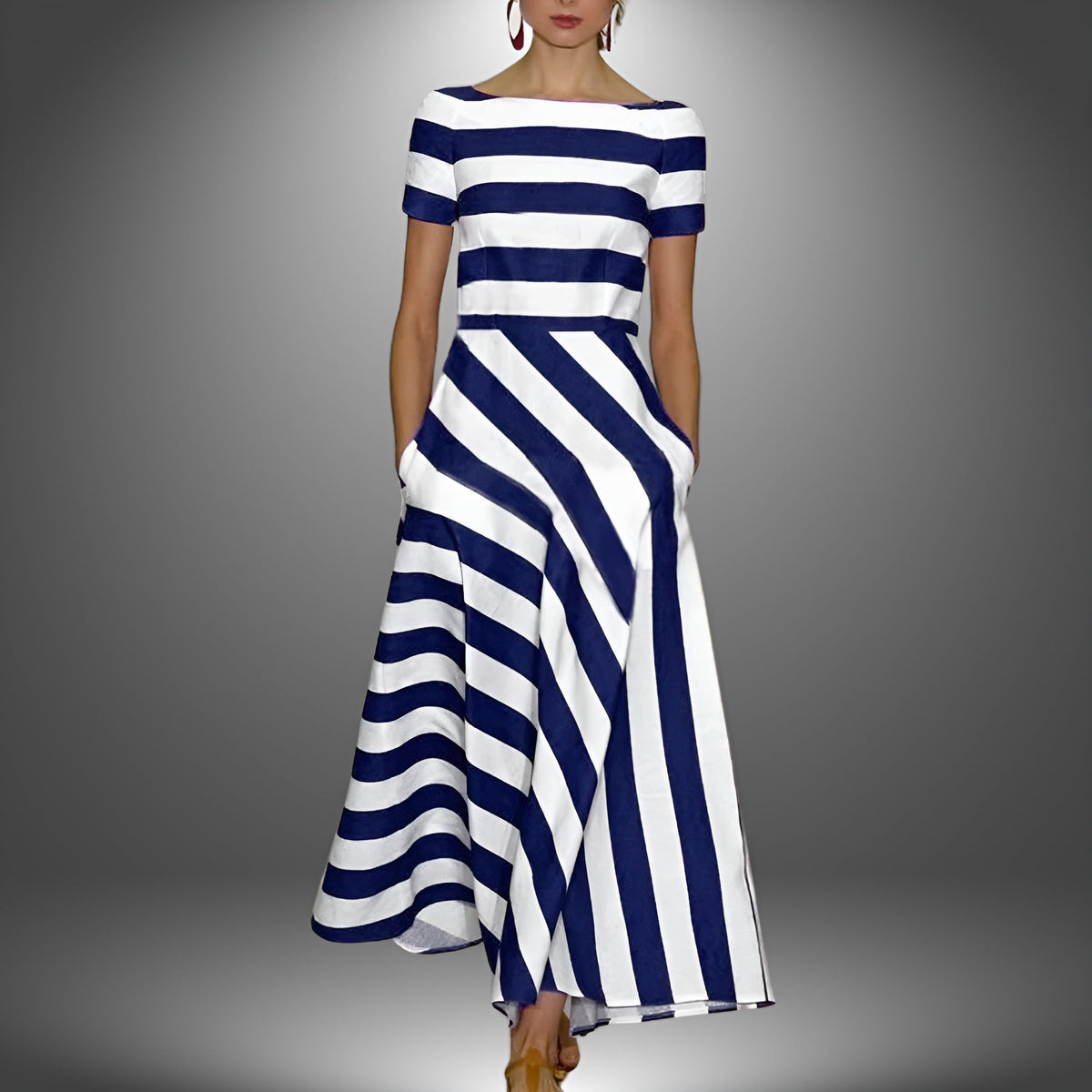 Striped Boat Neck Short Sleeve Fit and Flare Maxi Dress 4