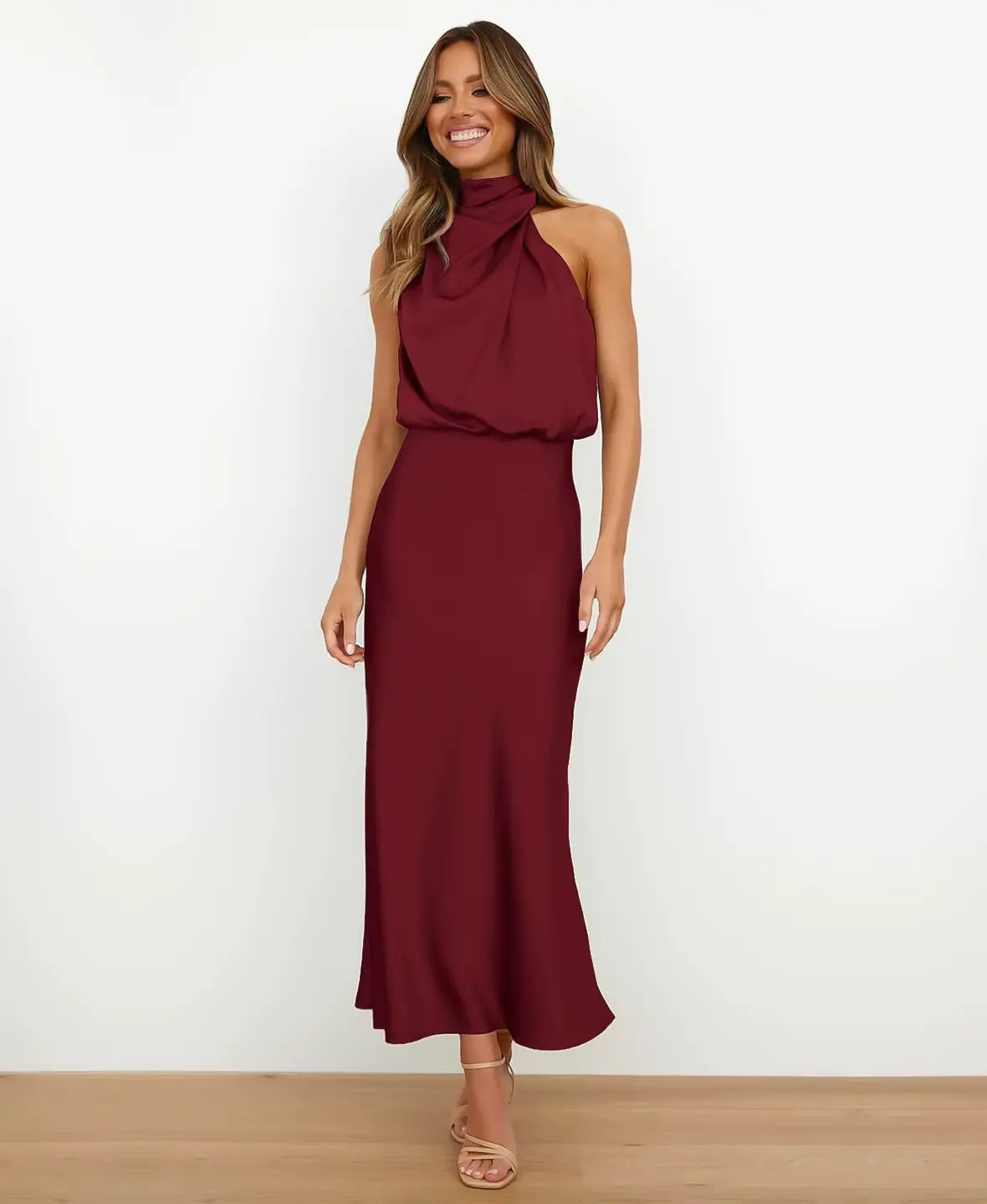 Satin Halter Neck Draped Cowl Bias Midi Dress 11