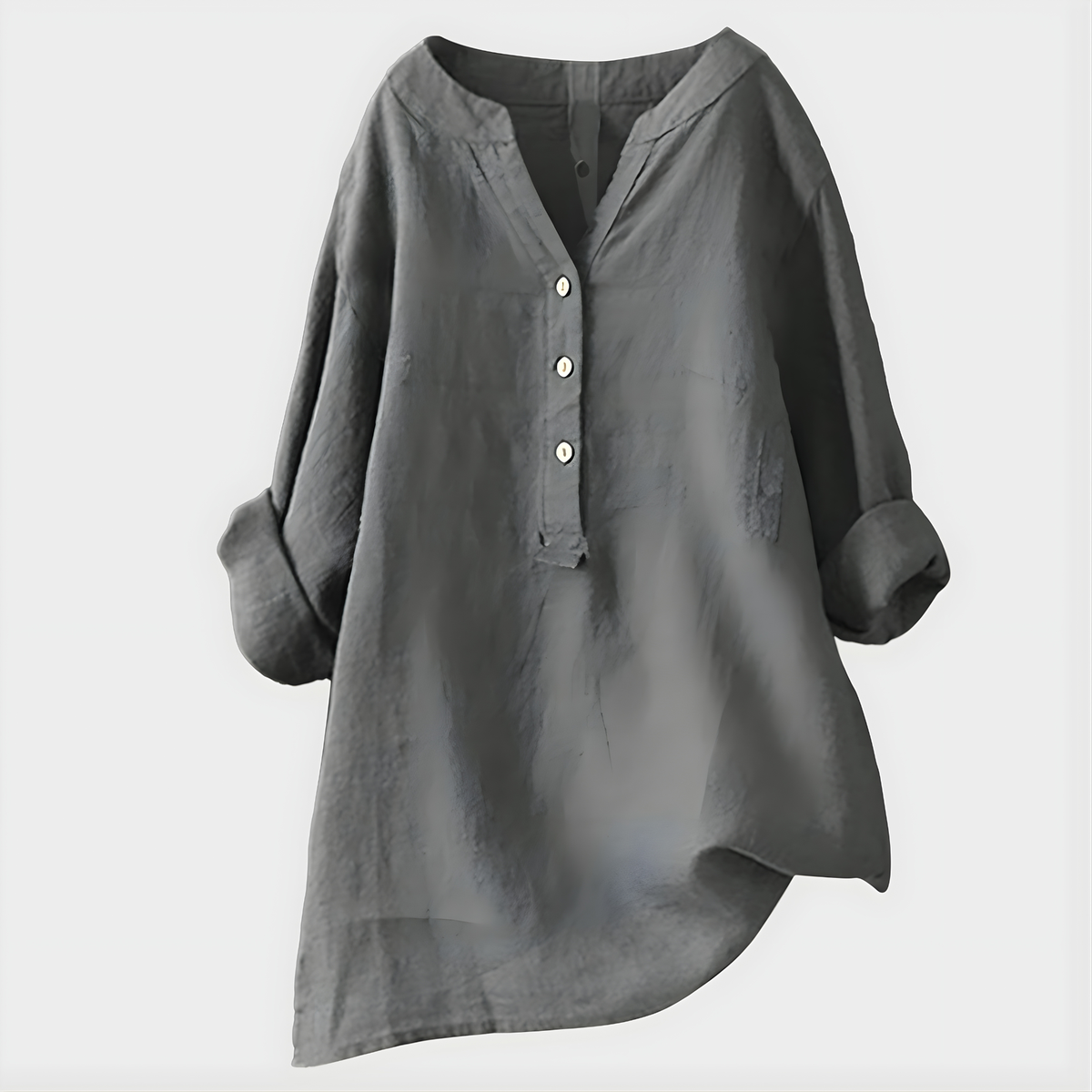 Band Collar Half Button Roll Sleeve Linen Blouse 4