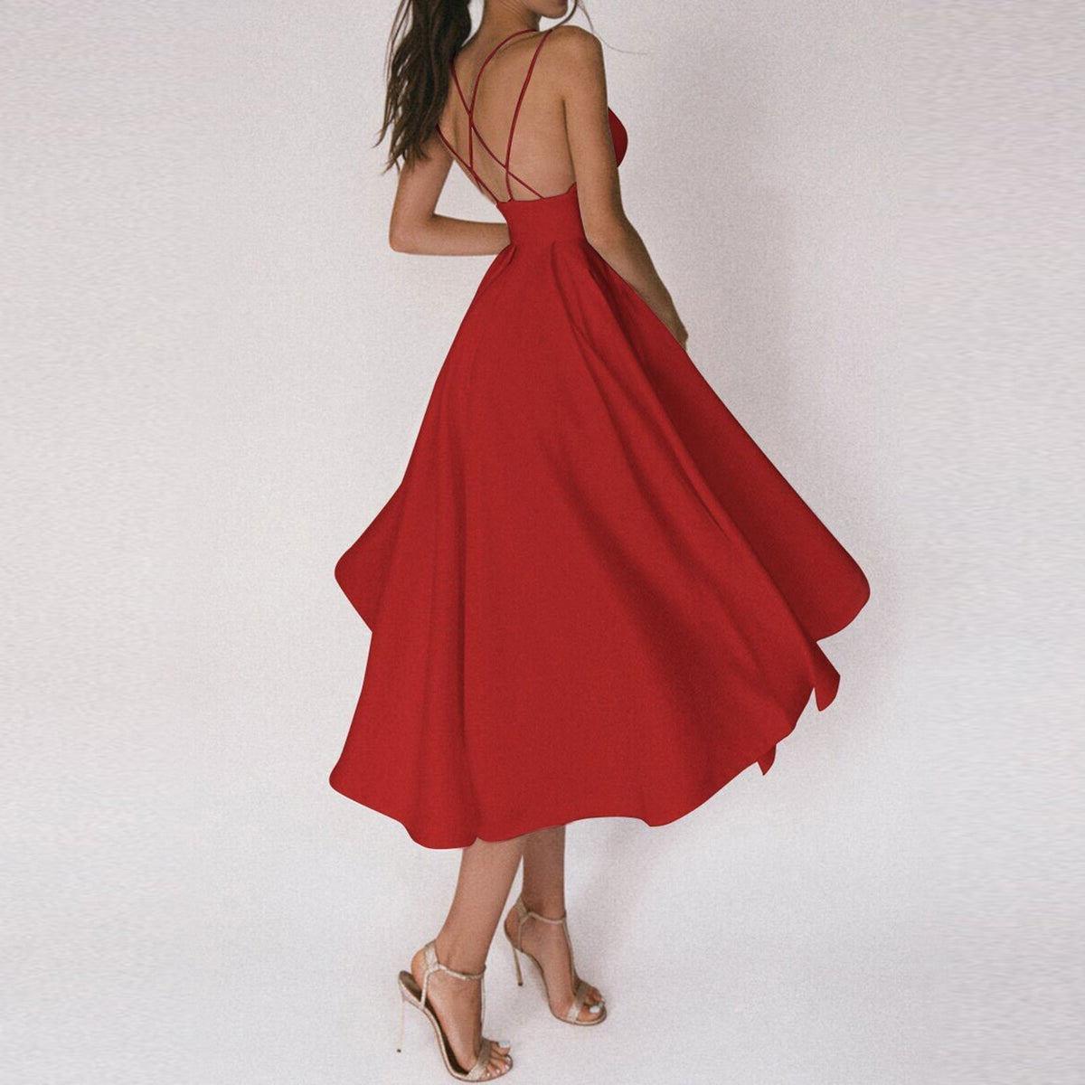 Satin Backless Cross Strap Cinched Waist A-Line Cocktail Midi Dress - View 3