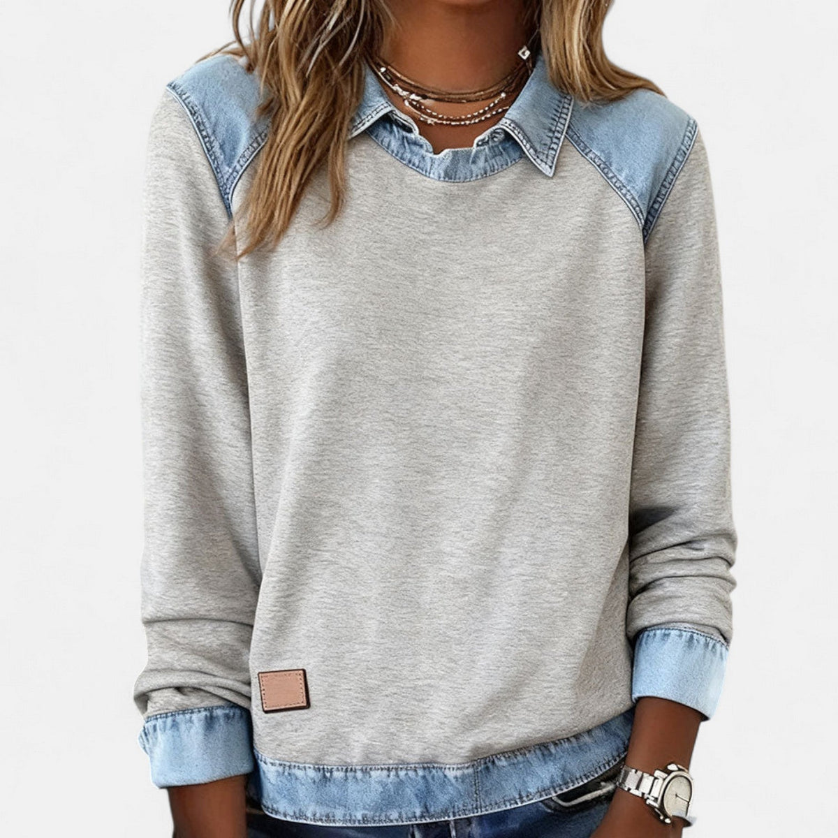 Crew Neck Denim Contrast Panel Sweatshirt 13