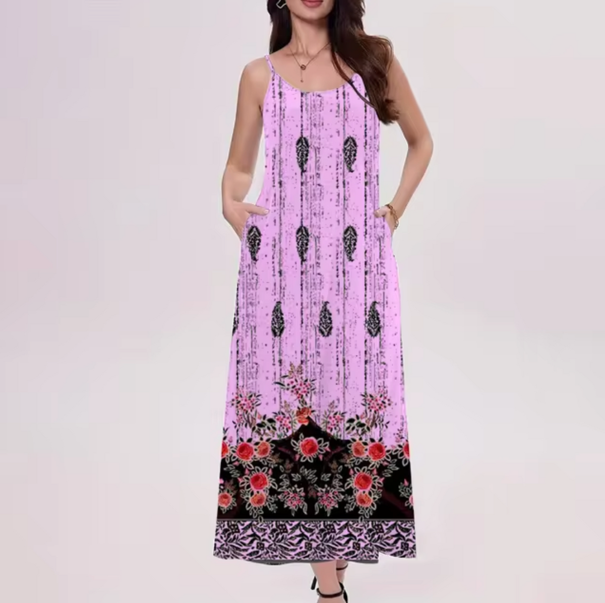 Floral Border Print Spaghetti Strap Scoop Neck A-Line Maxi Dress - View 3