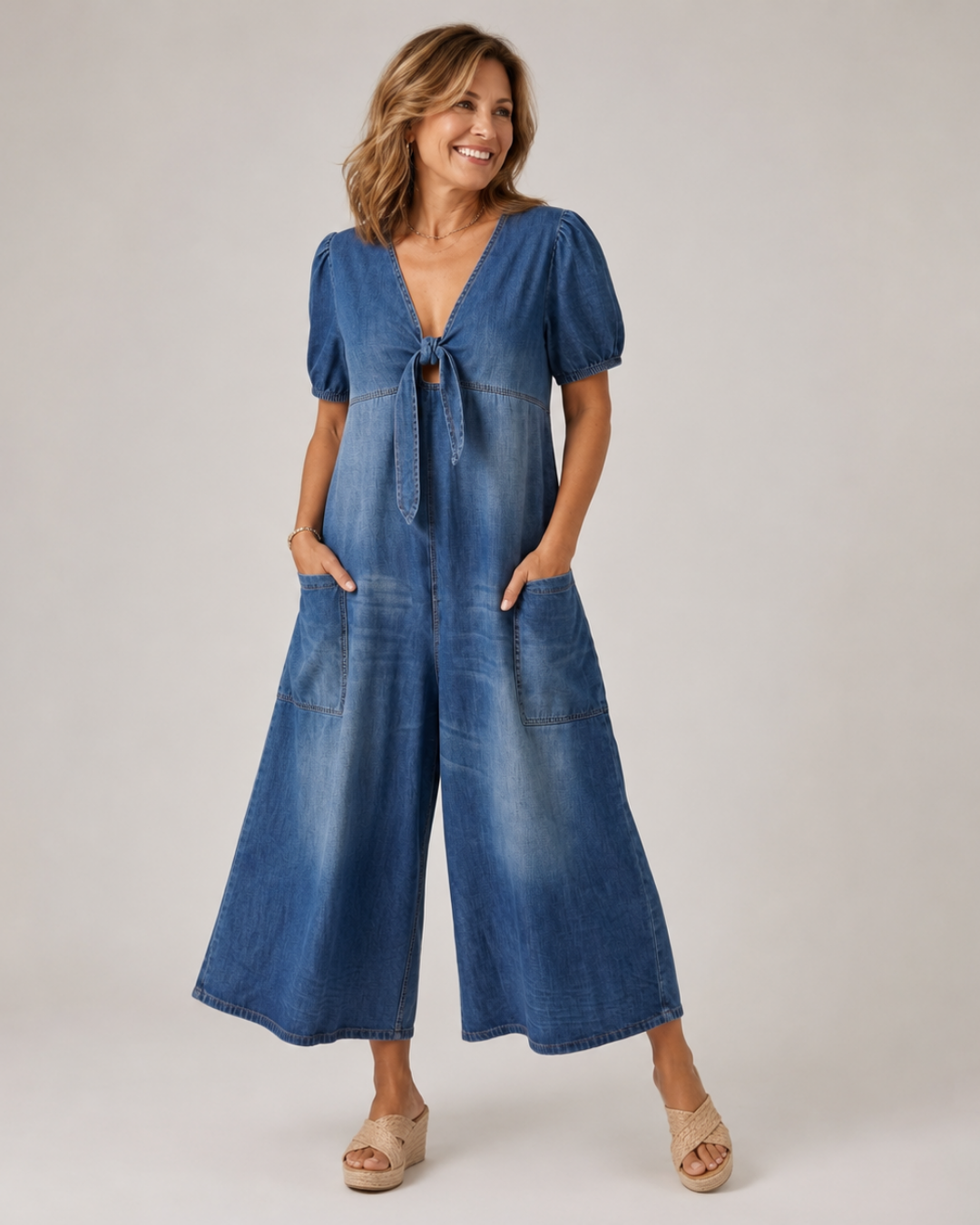Denim Look Tie Front V-Neck Puff Sleeve Wide Leg Jumpsuit 6