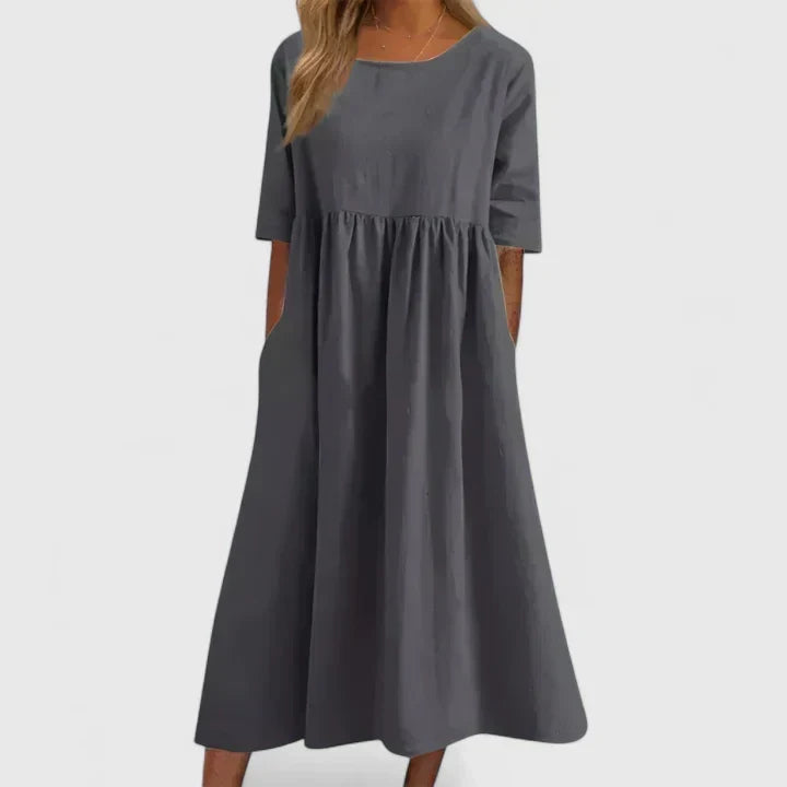 Round Neck Half Sleeve Pocket Smock Midi Dress 8