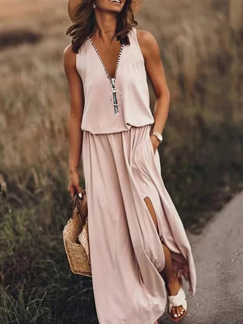 Zip Front V-Neck Sleeveless High Split Maxi Dress 2