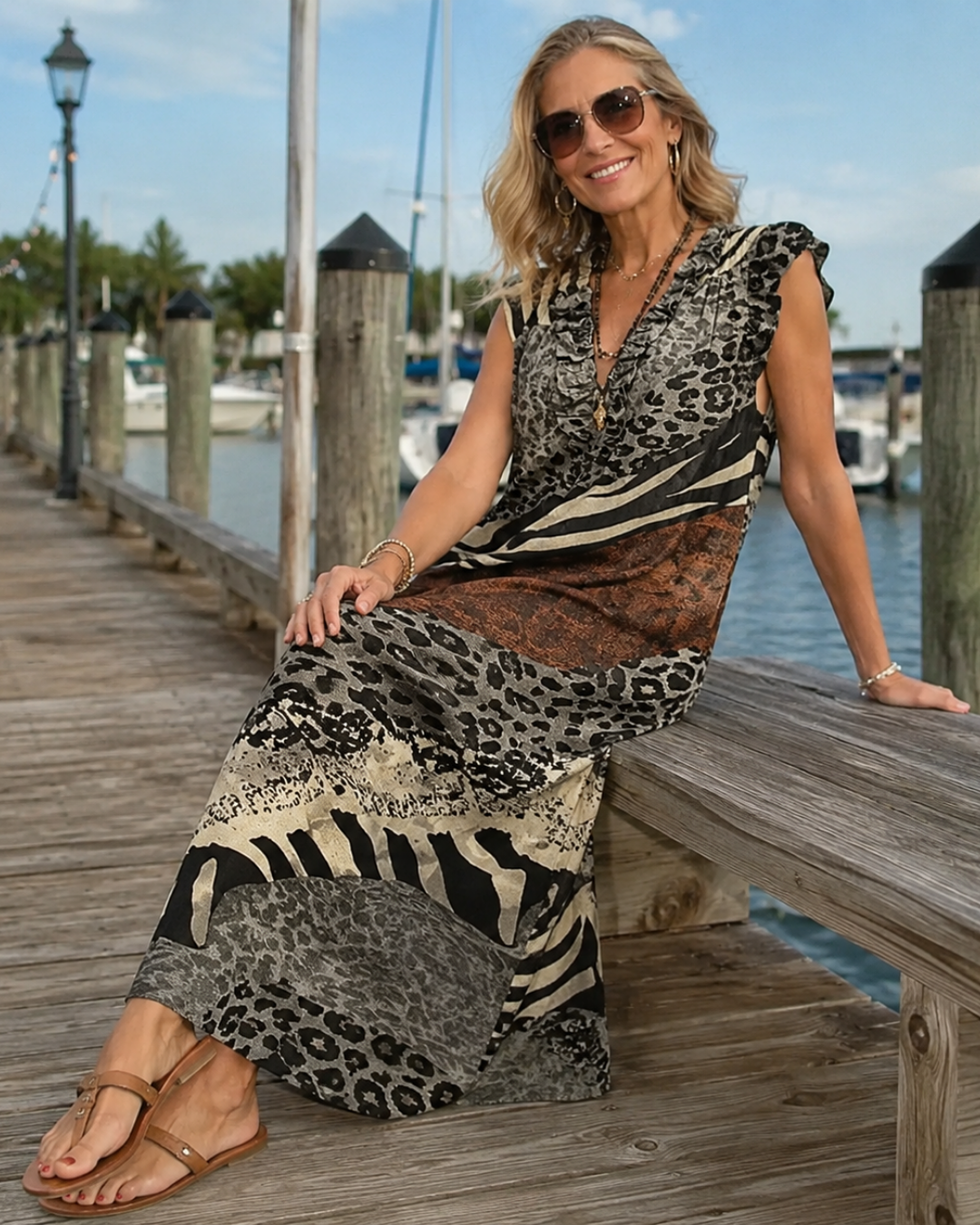 Mixed Animal Print V-Neck Ruffle Sleeveless Maxi Dress 3