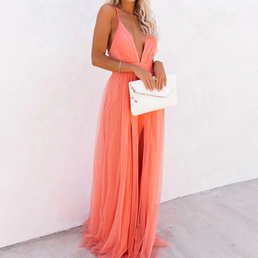 Deep V-Neck Spaghetti Strap Tulle Maxi Gown 6