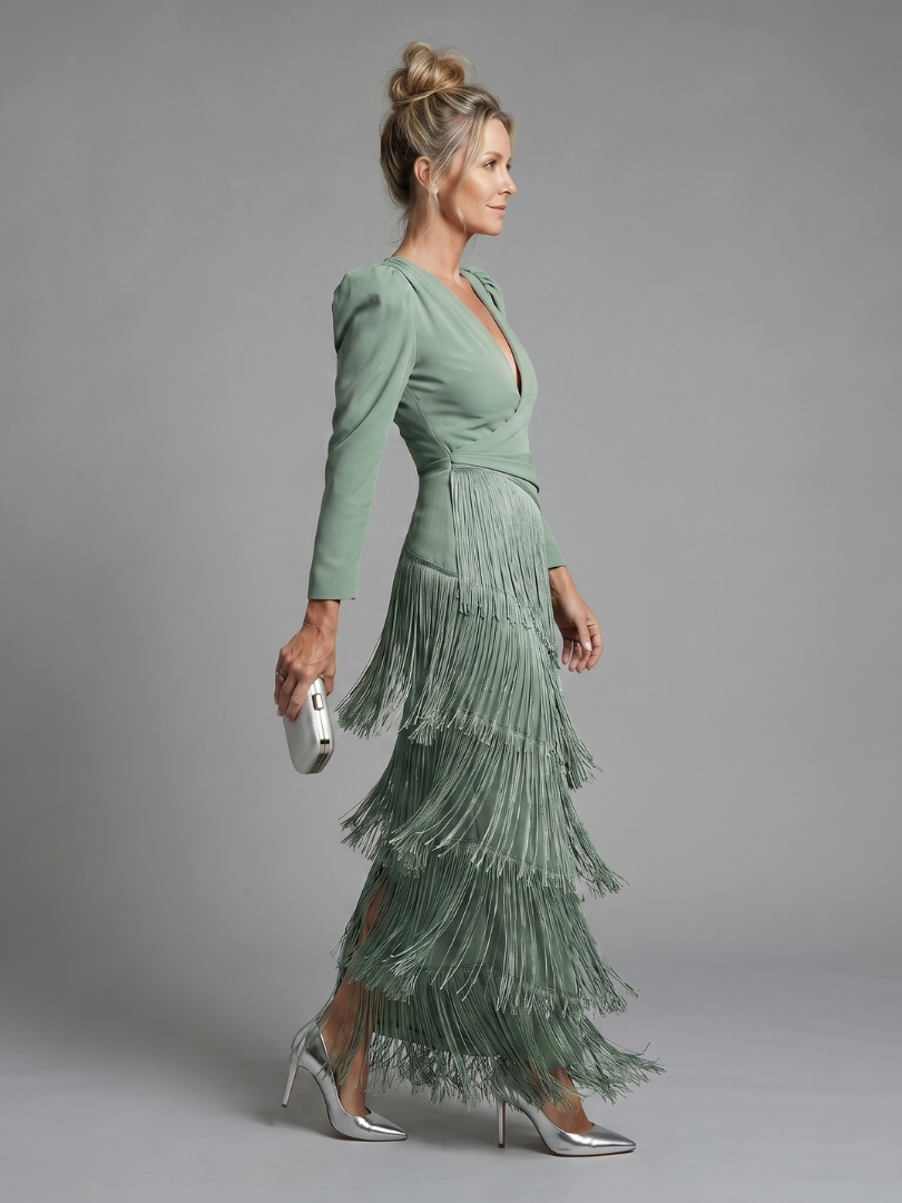 Deep V-Neck Long Sleeve Tiered Fringe Maxi Dress 2