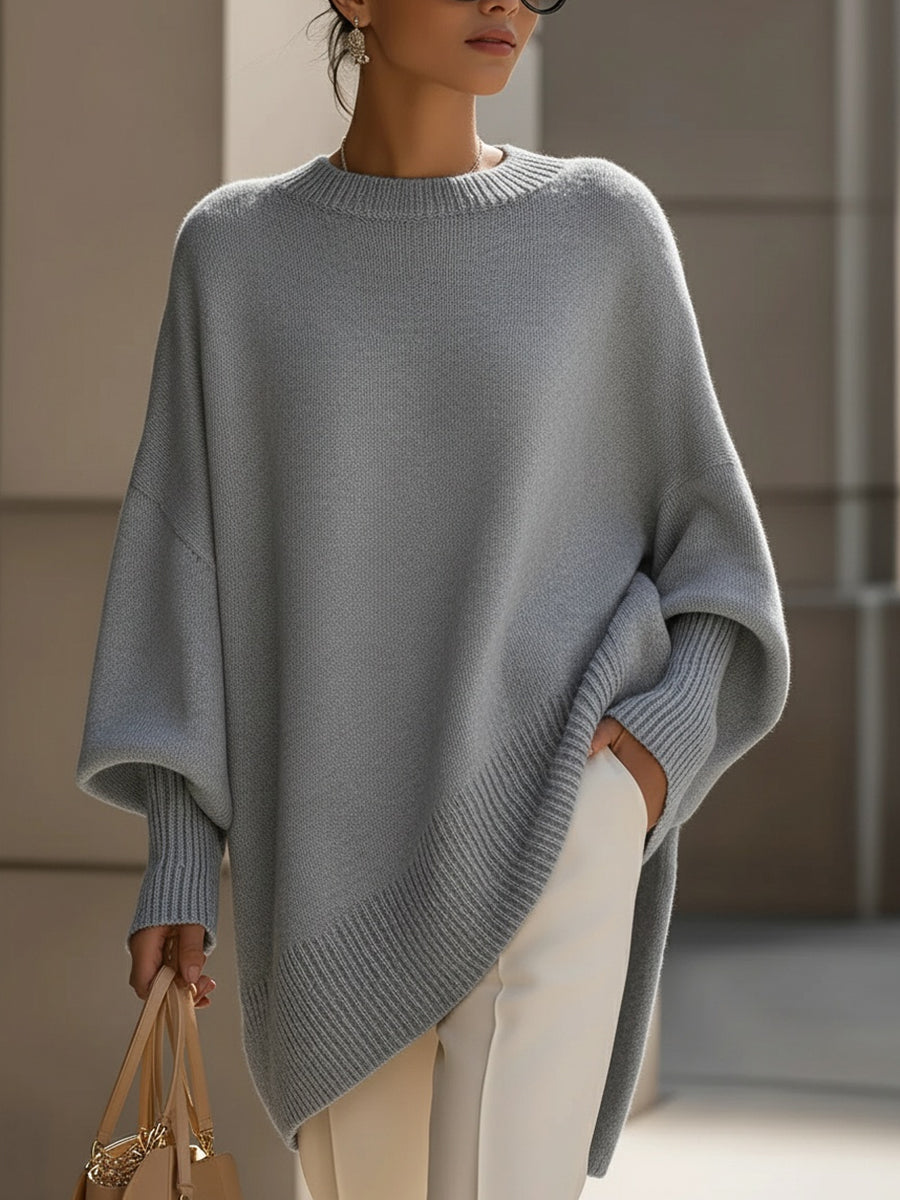 Mock Neck Oversized Asymmetric Hem Ribbed Poncho Sweater 11