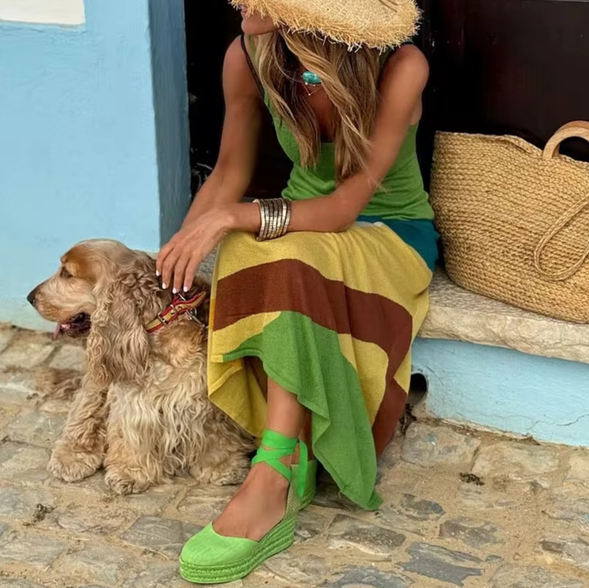 Knit Spaghetti Strap V-Neck Geometric Bodycon Maxi Dress - View 3
