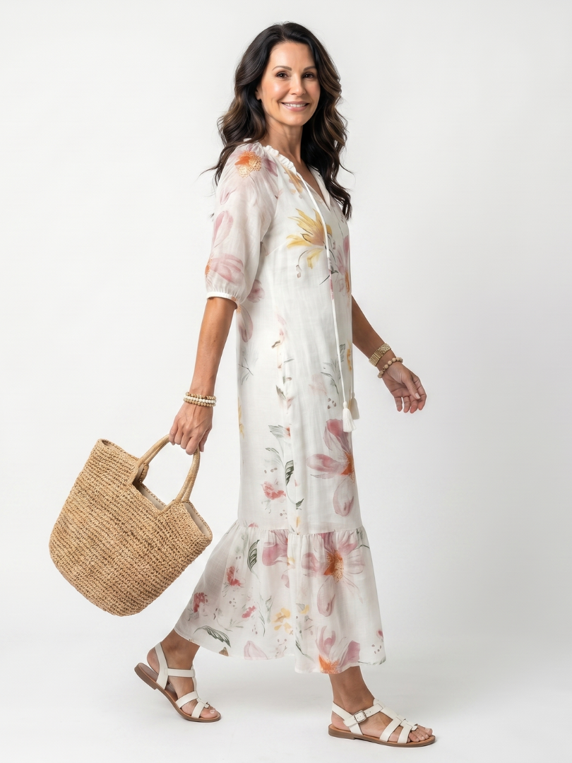 Floral Tie Neck Short Sleeve Tiered Maxi Dress 2