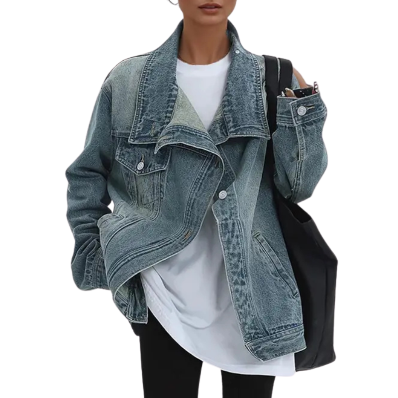 Oversized High Neck Asymmetric Button Denim Jacket 2