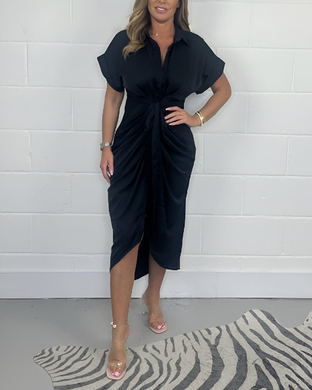 Collared Short Sleeve Tie Waist Ruched High Low Shirt Dress 13