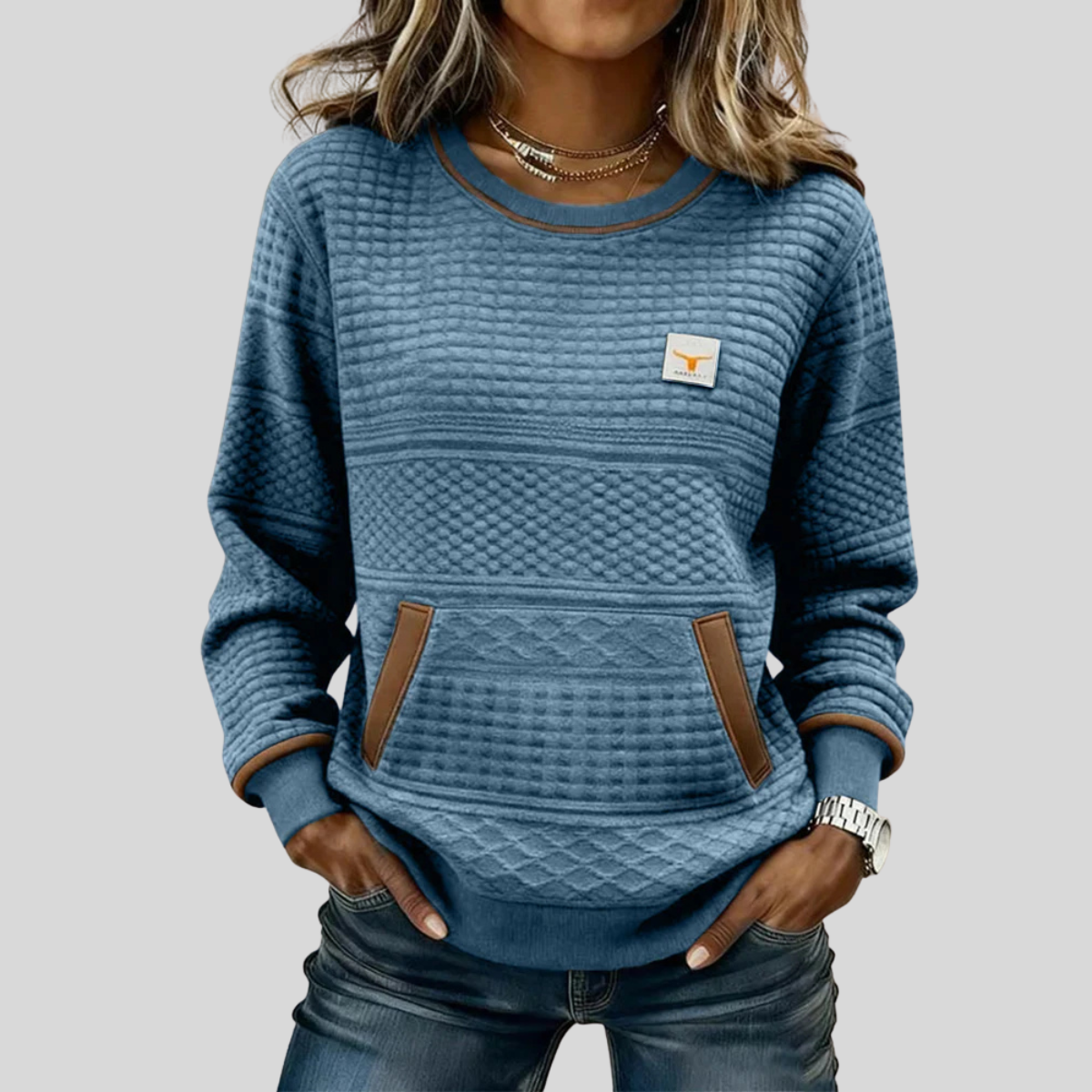 Quilted Crew Neck Kangaroo Pocket Sweatshirt 3