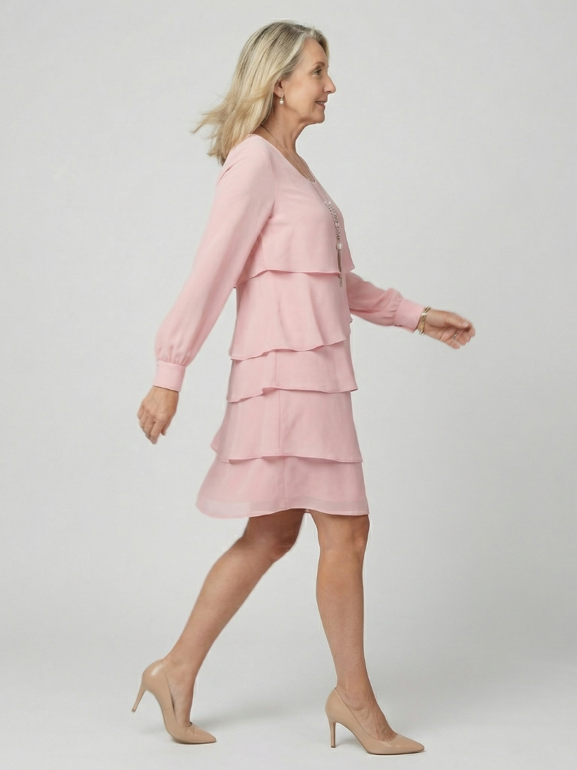 Round Neck Long Sleeve Tiered Knee Length Dress 2