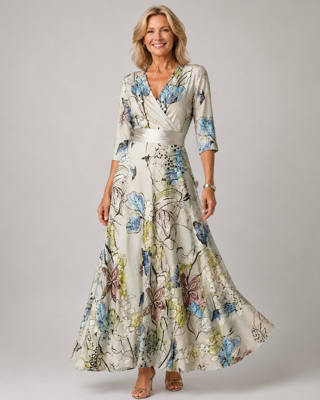 Floral Satin Wrap V-Neck Three Quarter Sleeve Maxi Dress