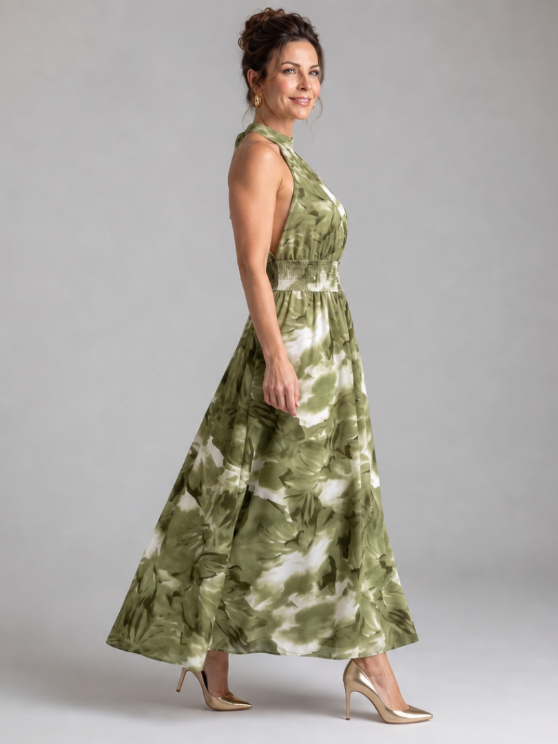Halter Neck Smocked Waist Floral Print Maxi Dress 2
