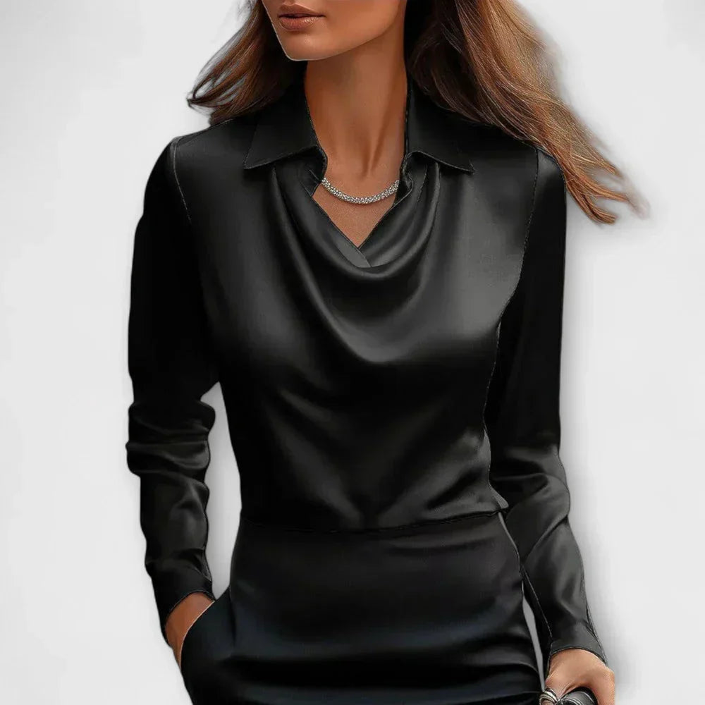 Draped Cowl Neck Long Sleeve Satin Blouse 3