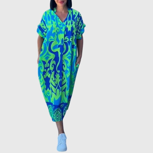 Damask Print V-Neck Short Sleeve Loose Midi Dress 4