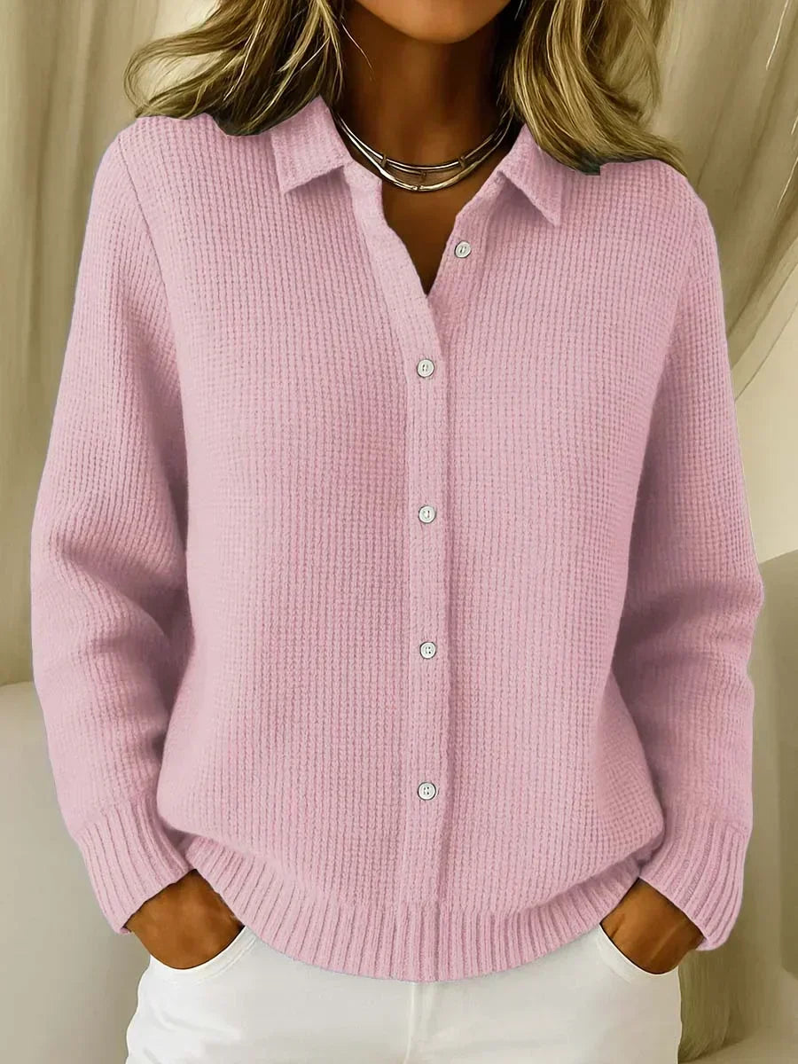 Waffle Knit Collared Long Sleeve Button Up Knit Shirt