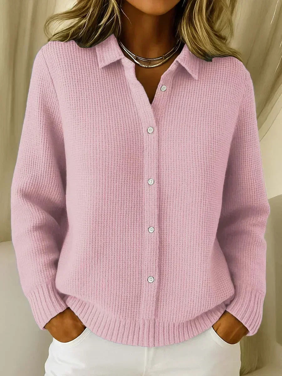 Waffle Knit Collared Long Sleeve Button Front Cardigan