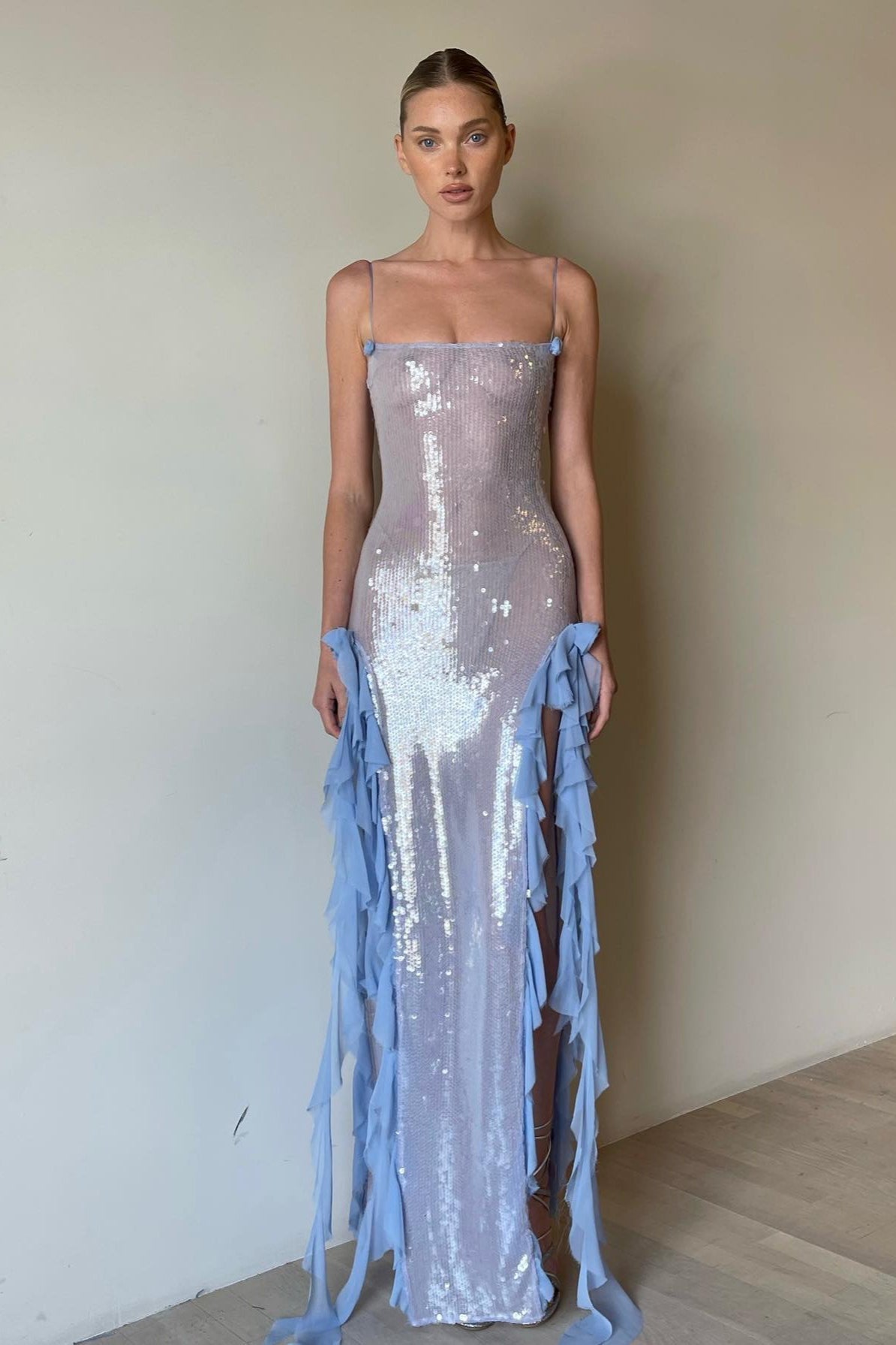 Spaghetti Strap Sequin Ruffle Trim High Split Mermaid Maxi Gown