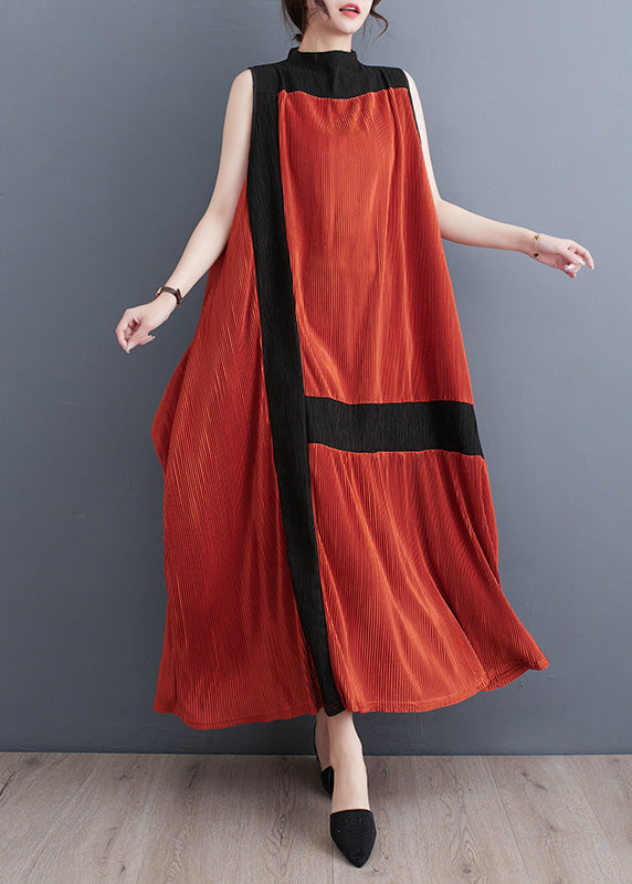 Accordion Pleat Mock Neck Sleeveless Color Block Panel Maxi Dress