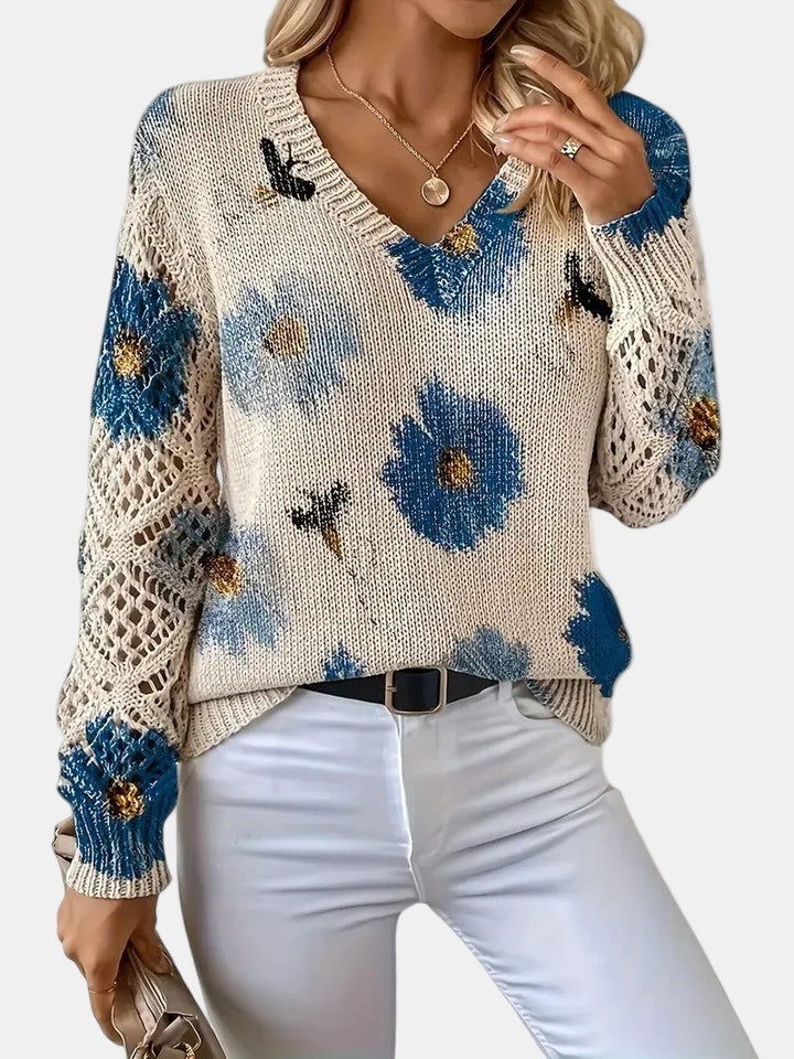 Floral V-Neck Long Sleeve Crochet Sleeve Knit Sweater 7