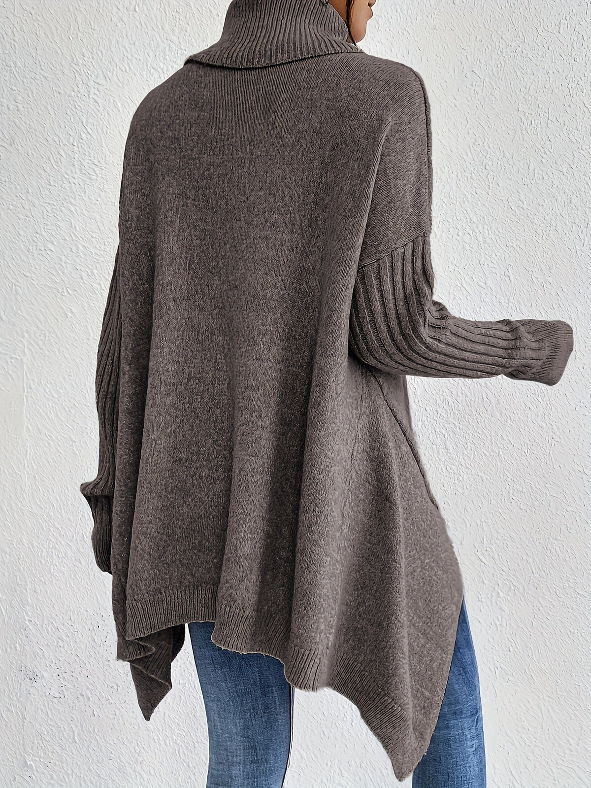 Turtleneck Drop Shoulder High Low Split Hem Oversized Sweater 24