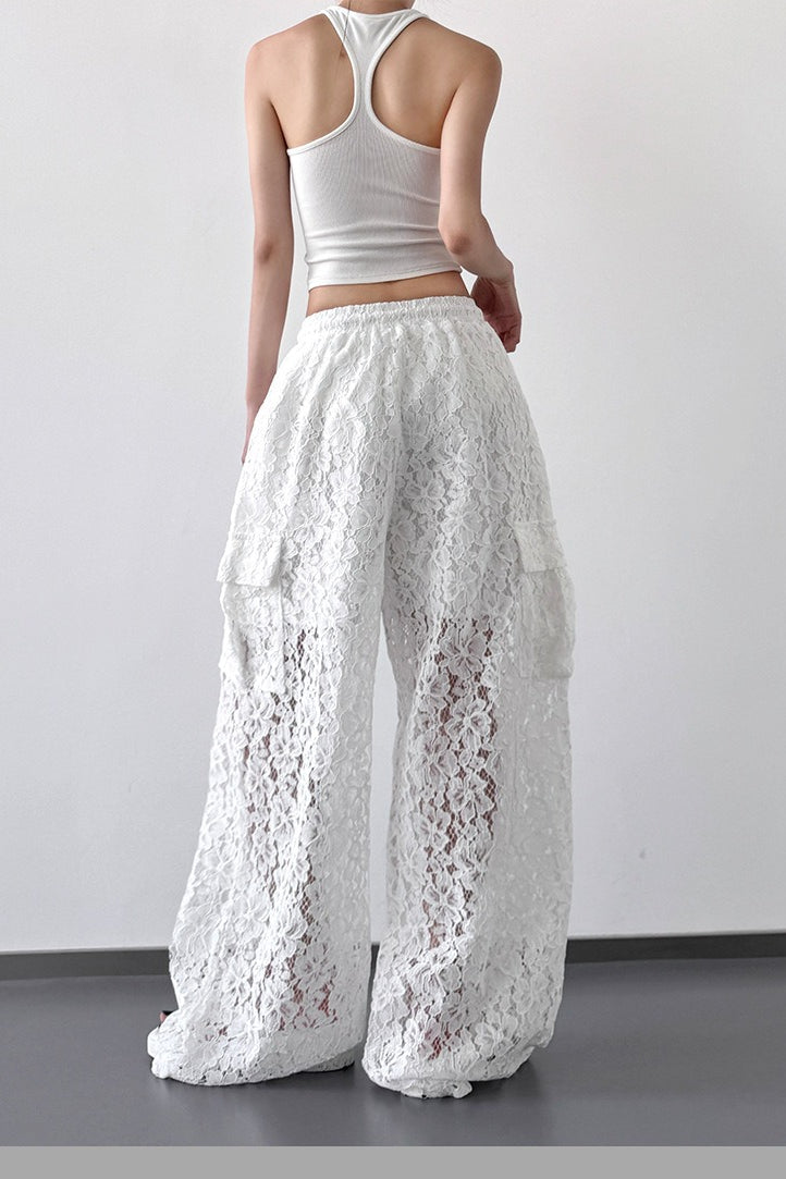 Patchwork Cutout Lace Straight Wide Leg Cargo Pants