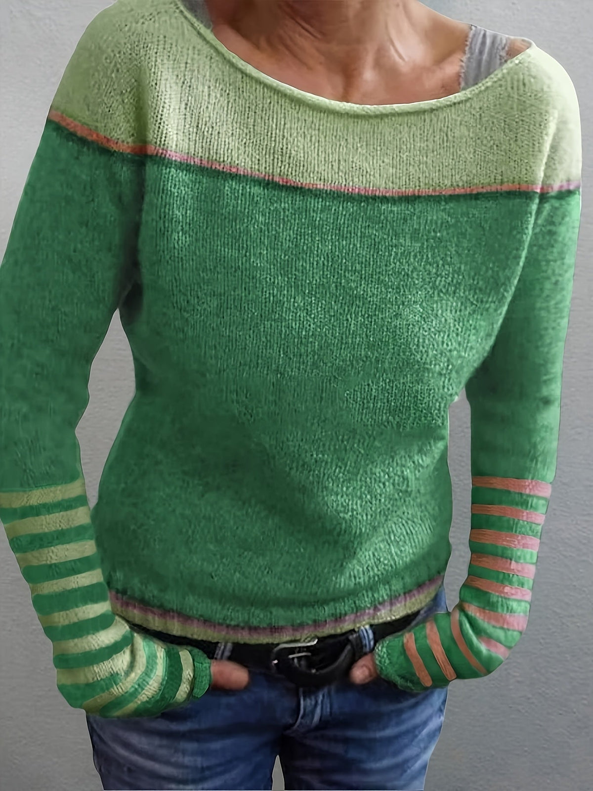 Boat Neck Long Sleeve Striped Lightweight Knit Sweater 12