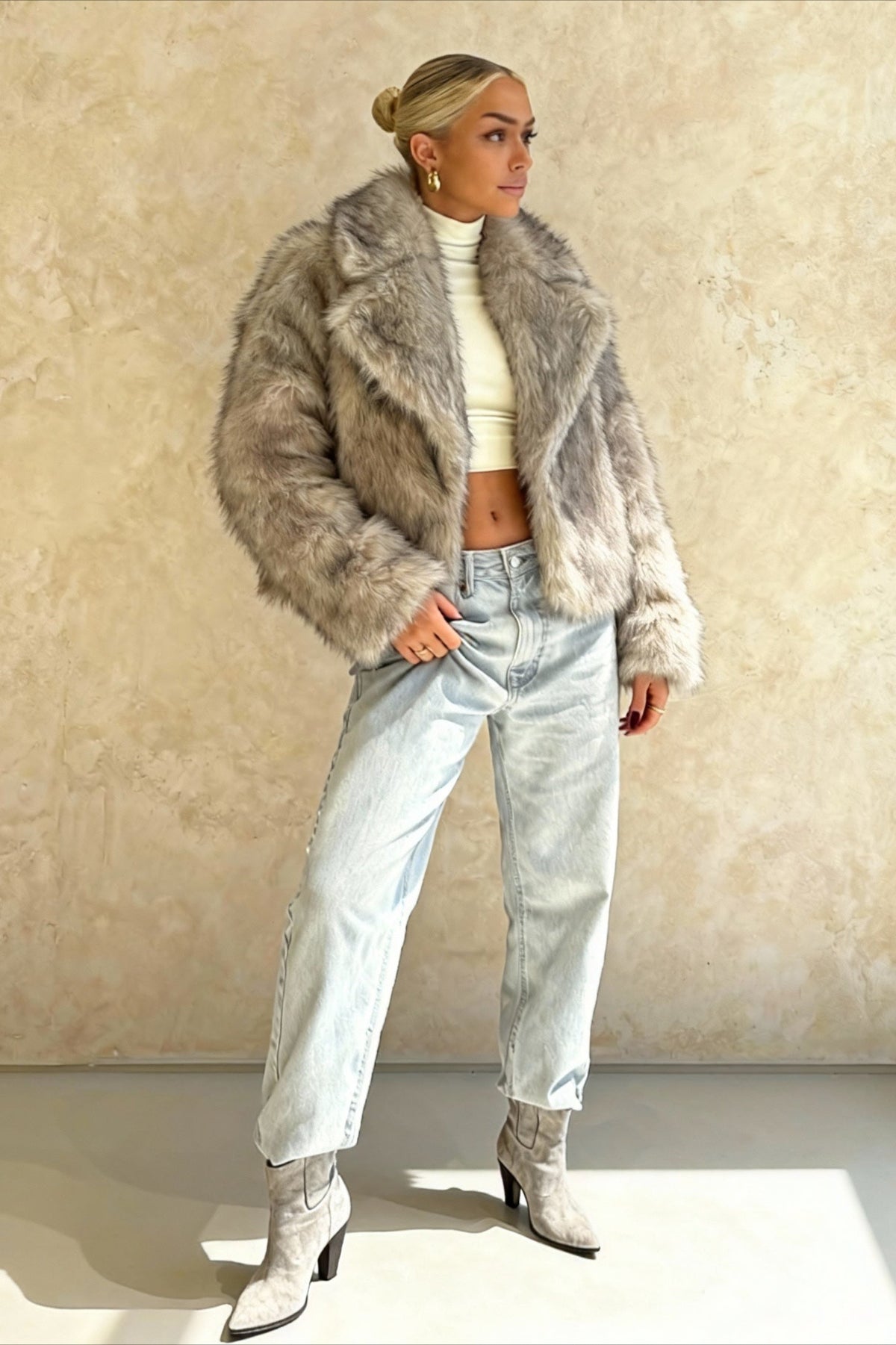 Cropped Faux Fur Lapel Coat