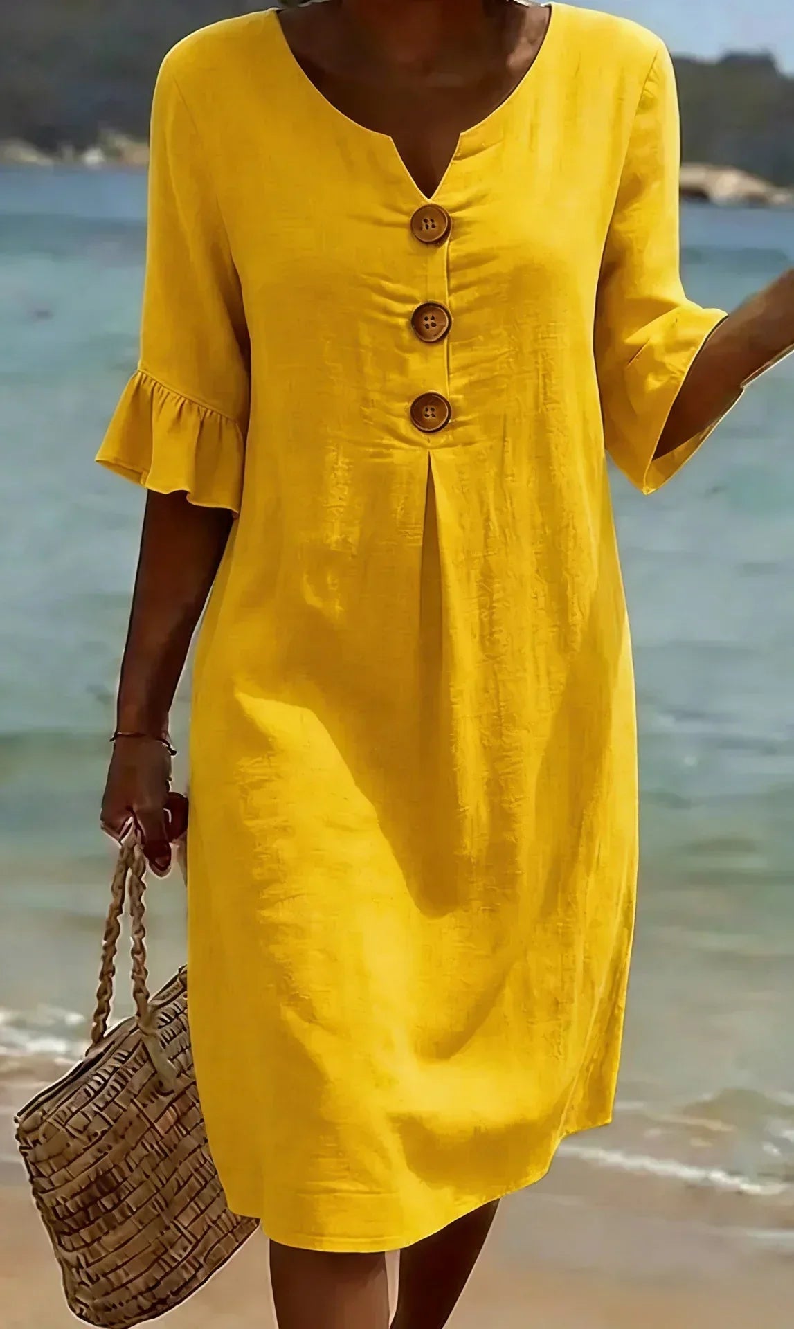 V-Neck Button Front Ruffle Sleeve Midi Dress 10