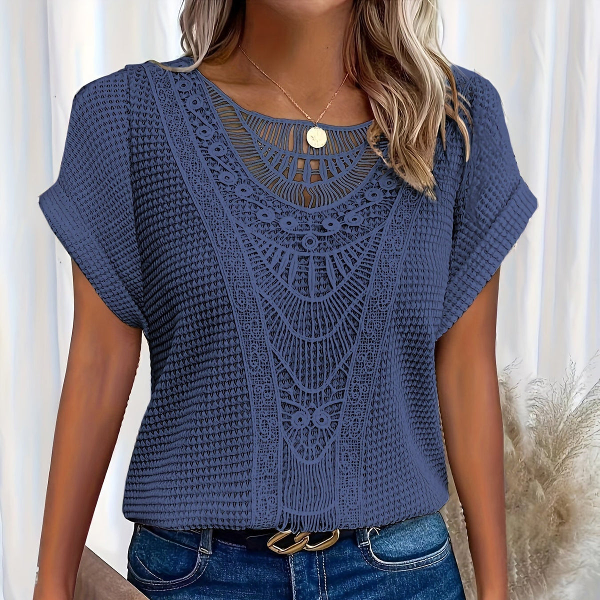 Crochet Lace Panel Round Neck Short Sleeve Waffle Knit Top 3