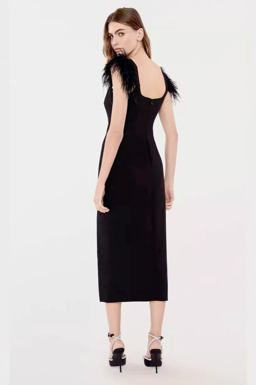 Square Neck Feather Strap Bow High Split Bodycon Midi Dress - View 3