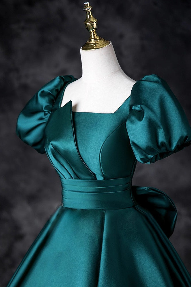 Satin Square Neck Puff Sleeve Bow A-Line Ball Gown - View 3