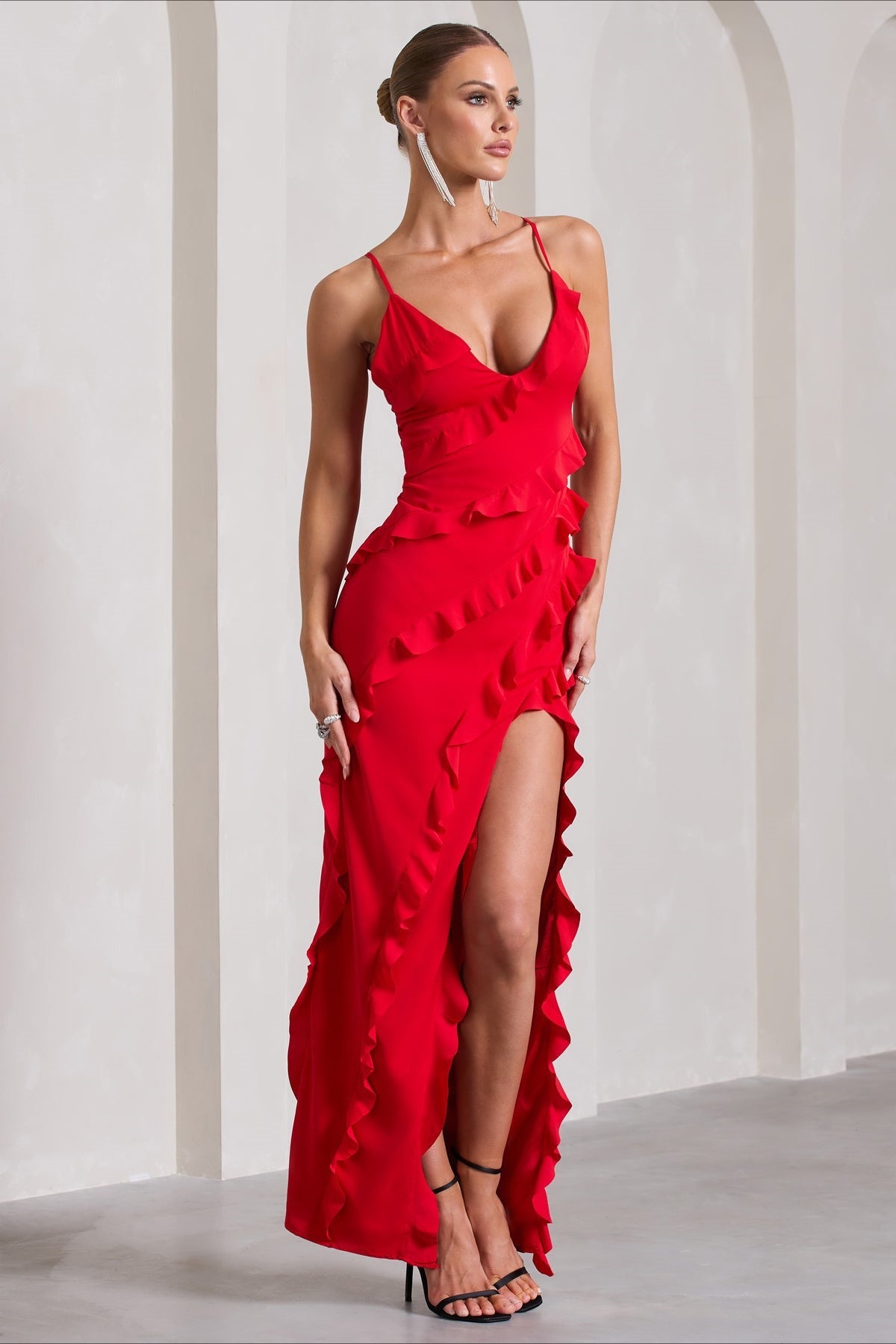 Spaghetti Strap Deep V-Neck Ruffle High Split Maxi Party Dress - View 3