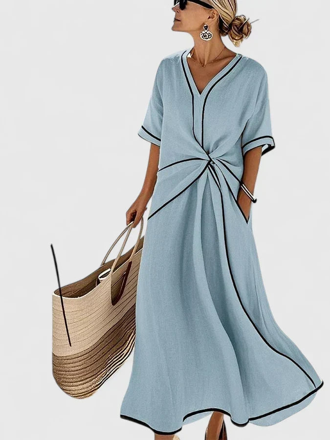 V-Neck Contrast Trim Twist Front Maxi Dress 3