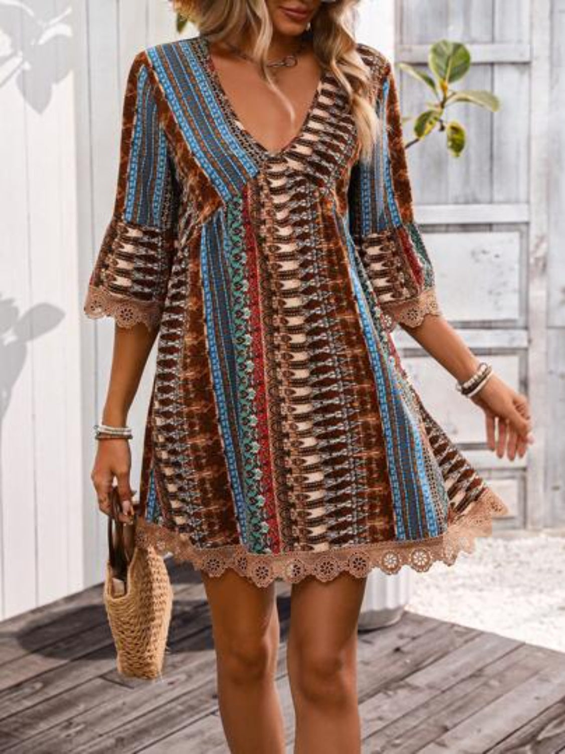Boho Print Deep V-Neck Lace Trim Mini Dress 17