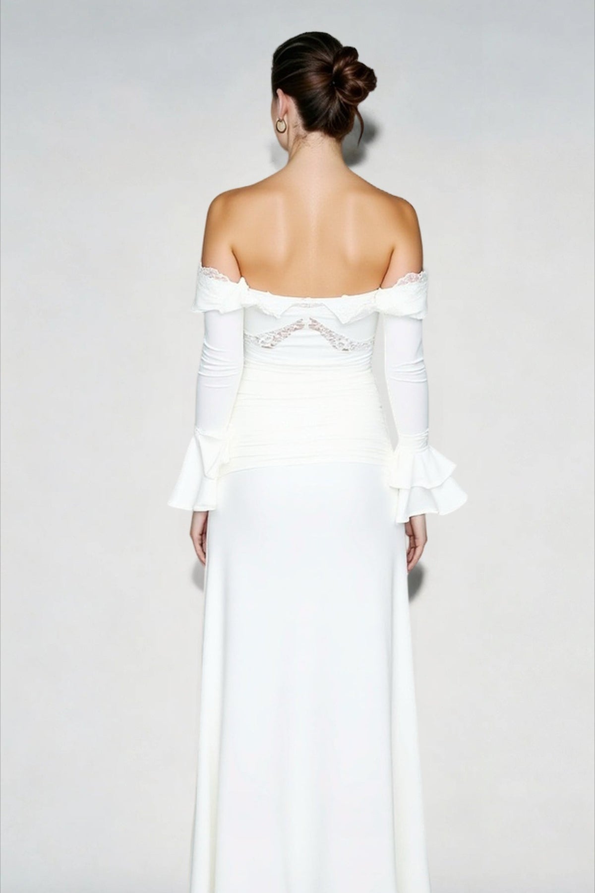 Off Shoulder Lace Trim Bell Sleeve Cut Out Maxi Dress - View 5