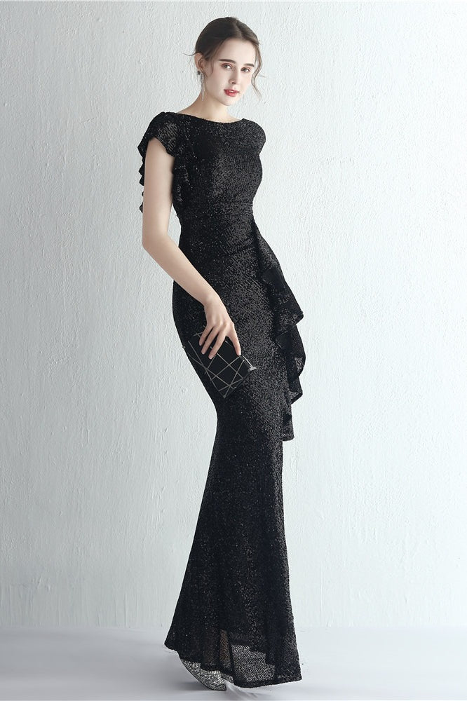Sequin High Neck Cap Sleeve Ruffle High Split Mermaid Gown 28
