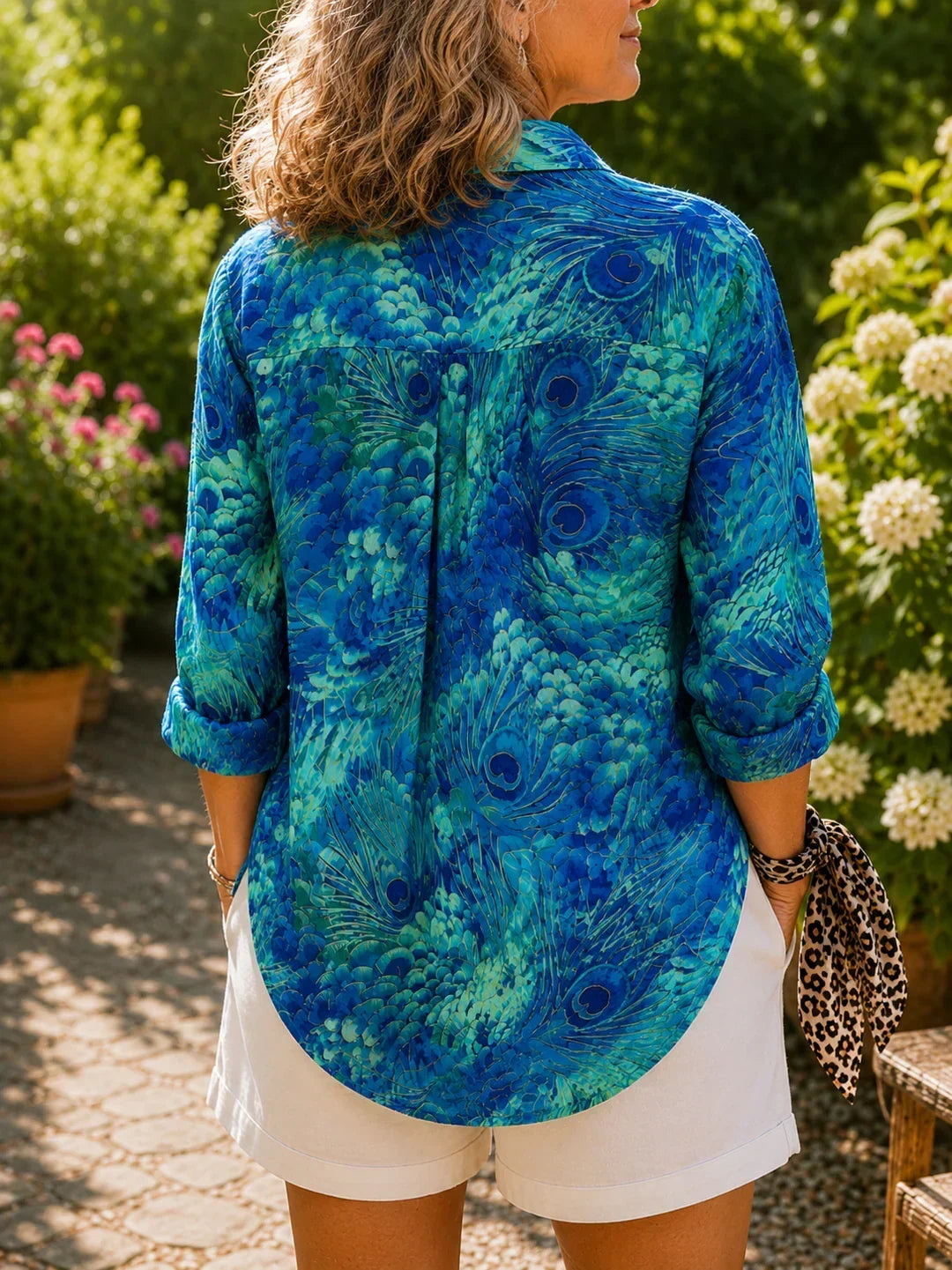 Peacock Print Long Sleeve Button Front Shirt 2