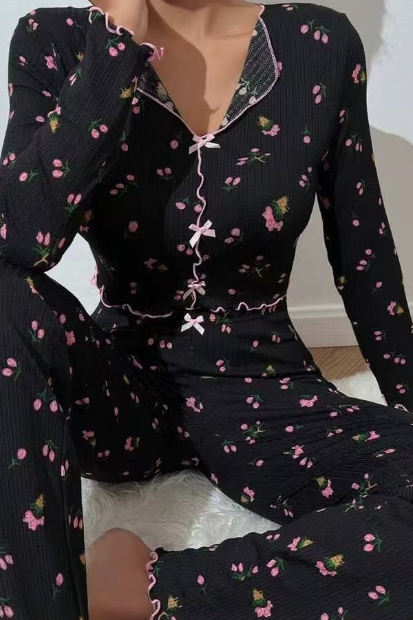 Bow Collar Cuffed Print Pajama Set