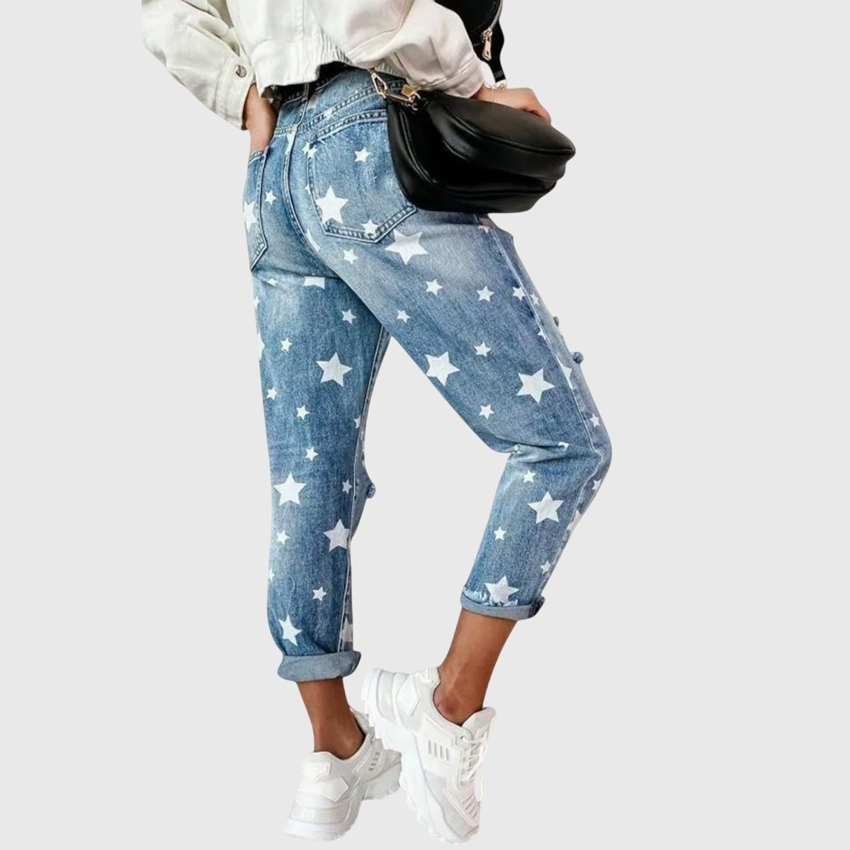 Star Print High Waist Ripped Tapered Jeans 2