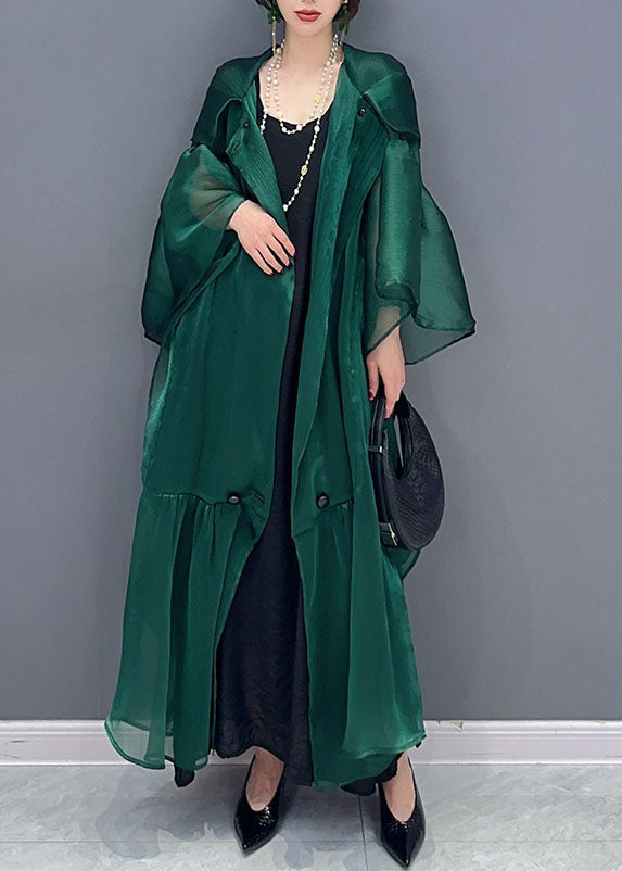 Sheer Pointed Collar Bell Sleeve Tiered Ruffle Oversized Midi Dress - View 4
