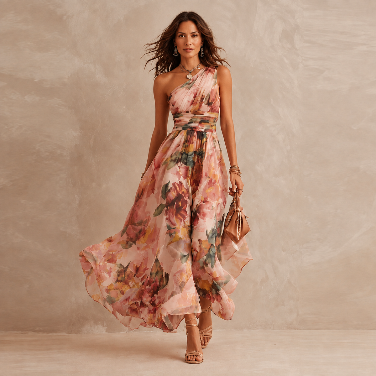 One Shoulder Floral Ruched Waist Maxi Dress 4