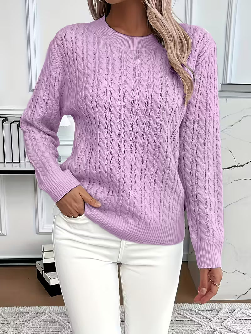 Crew Neck Long Sleeve Pointelle Cable Knit Sweater 9