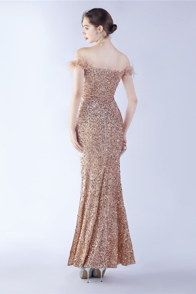 Sequin Off Shoulder Feather Trim High Split Mermaid Gown - View 8