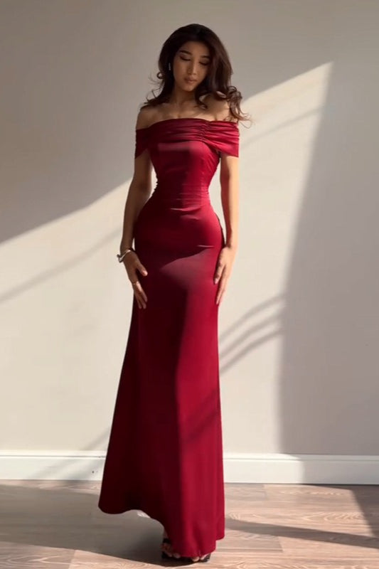 Satin Off Shoulder Ruched Bodycon Maxi Dress in Yellow - View 3