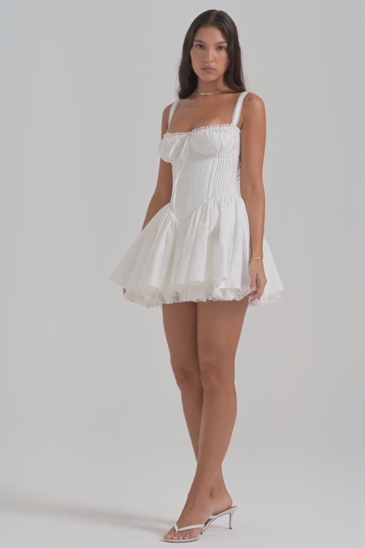 Lace Trim Sweetheart Tie Front Corset Flare Mini Dress in White - View 12